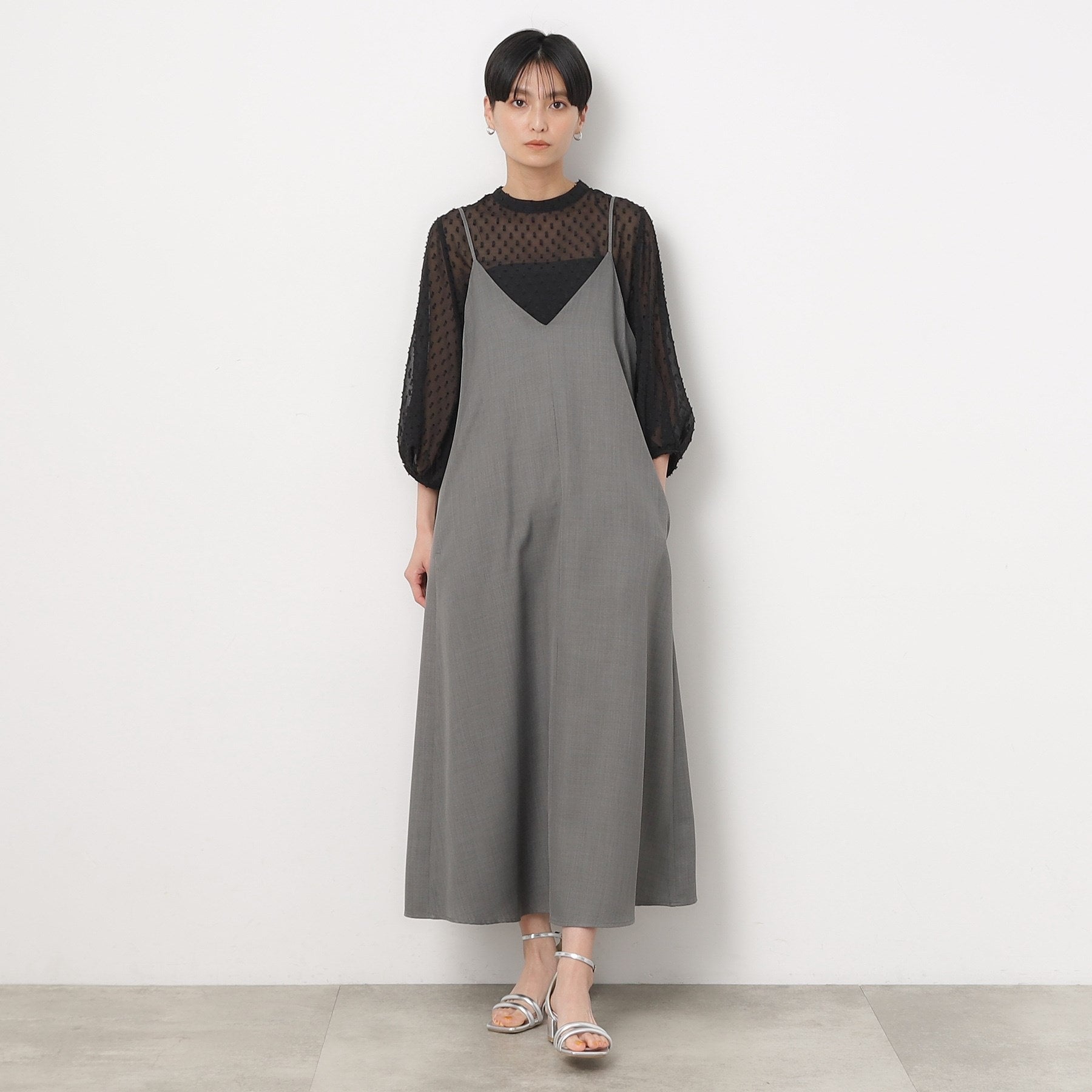 Opaque Dot Clip OPAQUE.CLIP Sheer Fringe Dot Tuck Sleeve Blouse [Machine Washable]