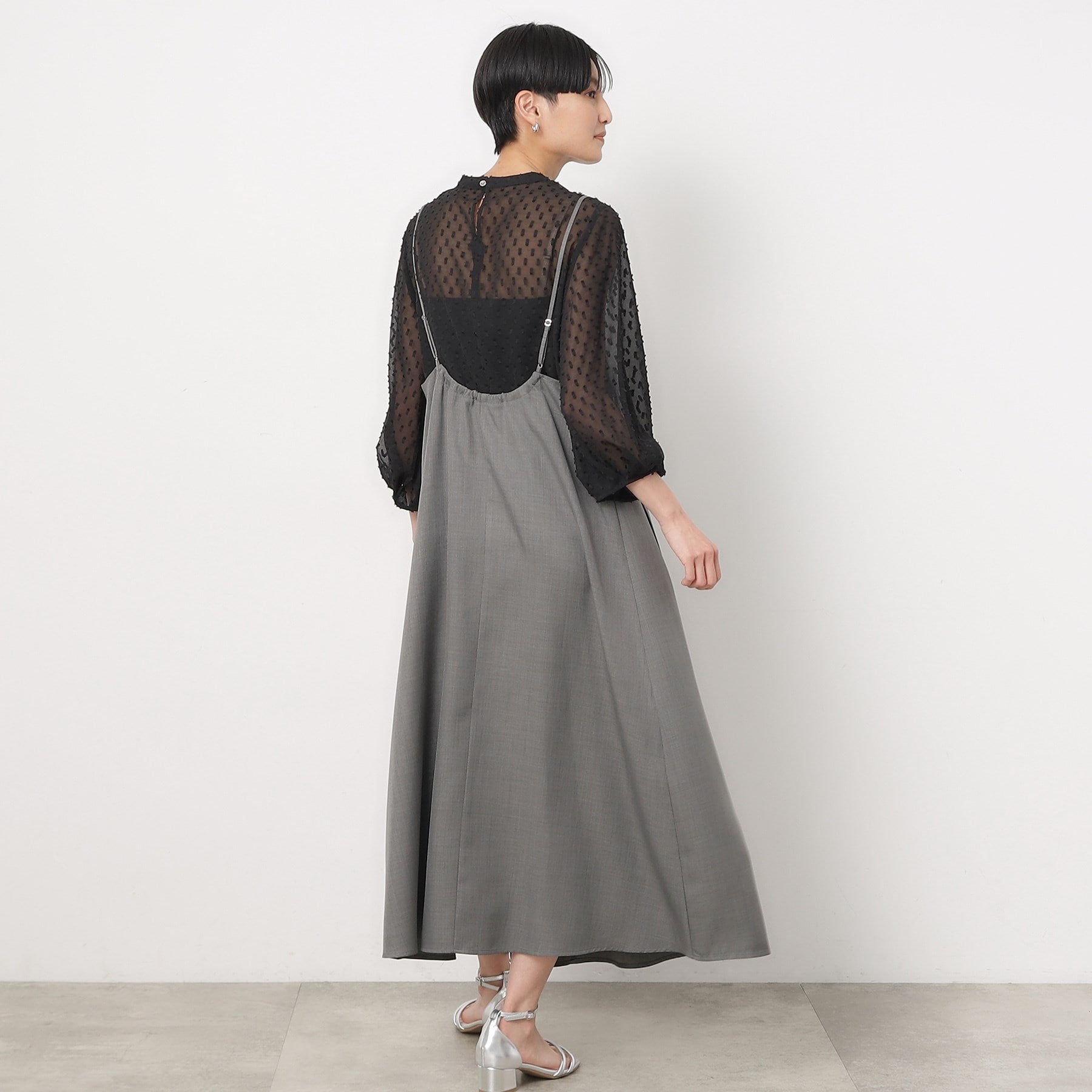 Opaque Dot Clip OPAQUE.CLIP Sheer Fringe Dot Tuck Sleeve Blouse [Machine Washable]