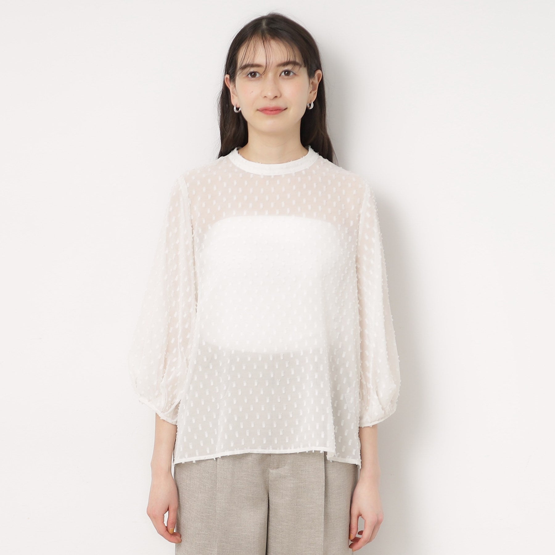 Opaque Dot Clip OPAQUE.CLIP Sheer Fringe Dot Tuck Sleeve Blouse [Machine Washable]