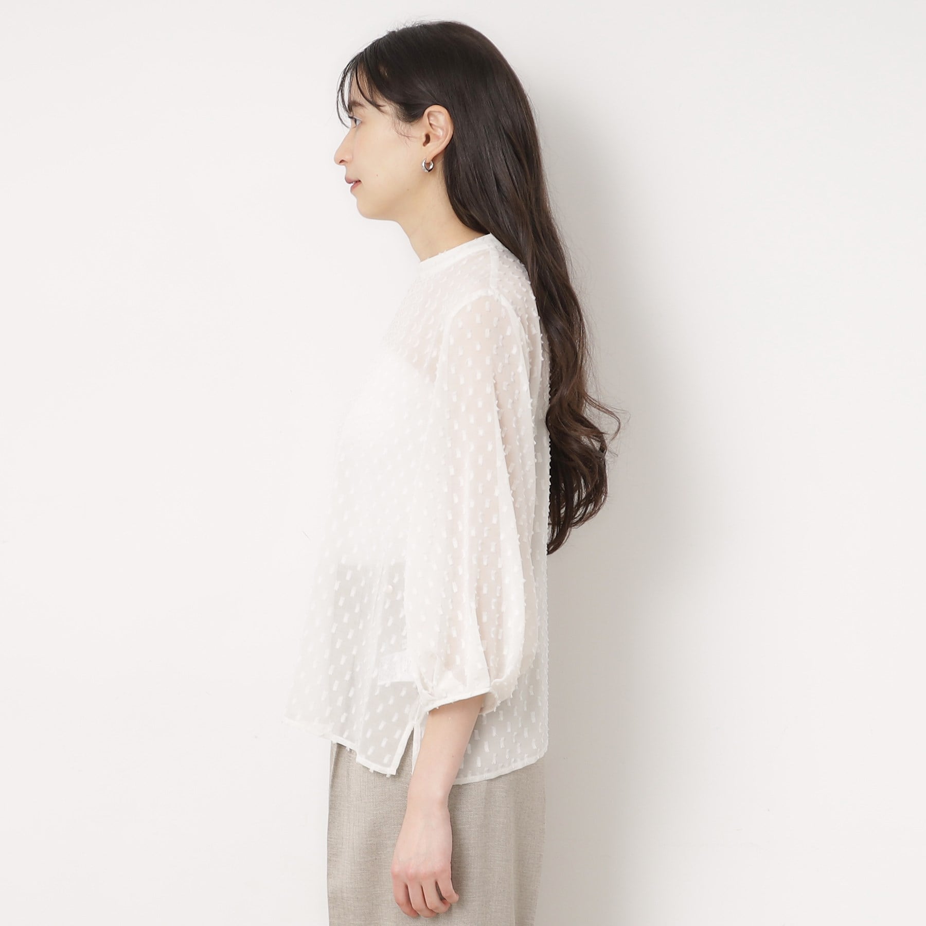 Opaque Dot Clip OPAQUE.CLIP Sheer Fringe Dot Tuck Sleeve Blouse [Machine Washable]