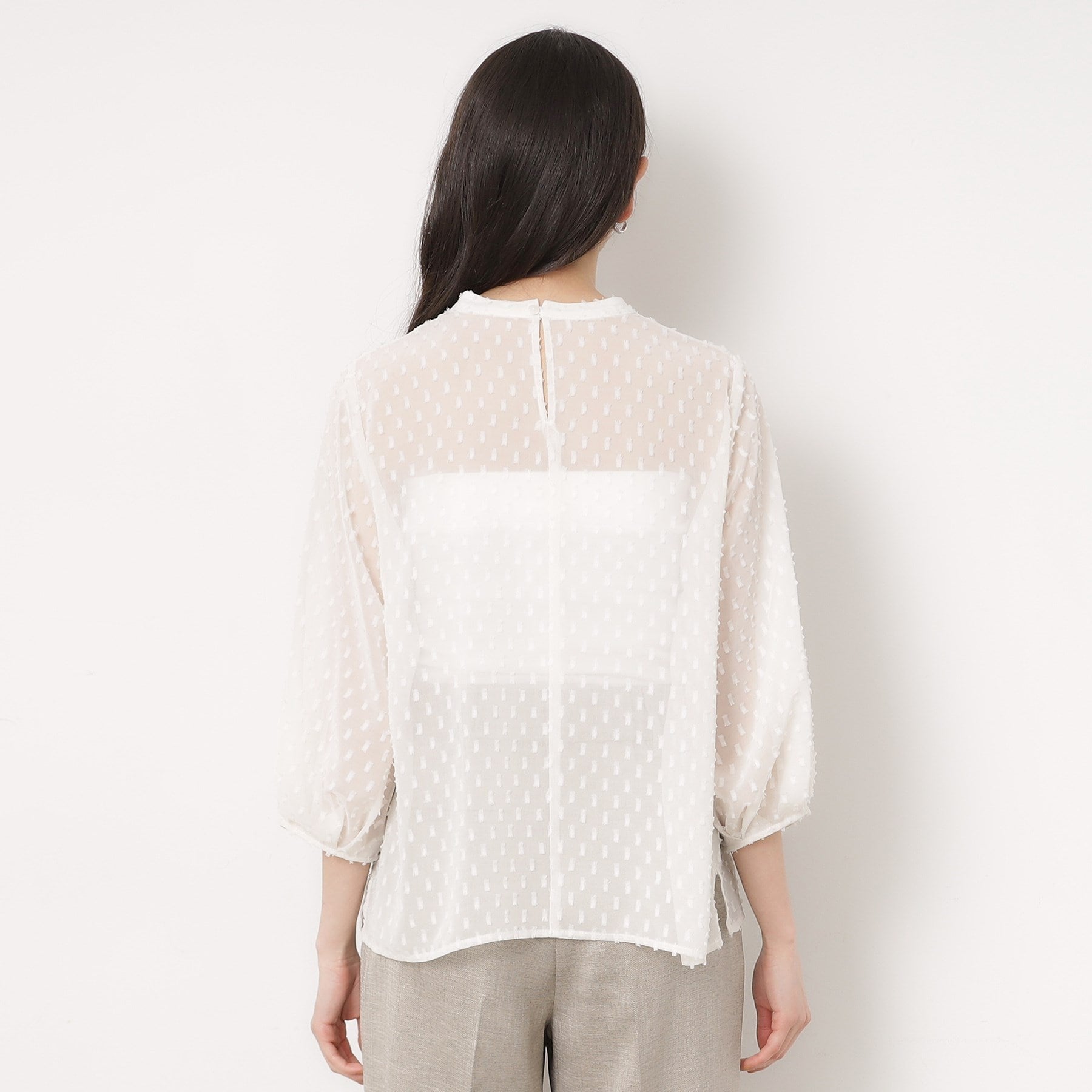 Opaque Dot Clip OPAQUE.CLIP Sheer Fringe Dot Tuck Sleeve Blouse [Machine Washable]