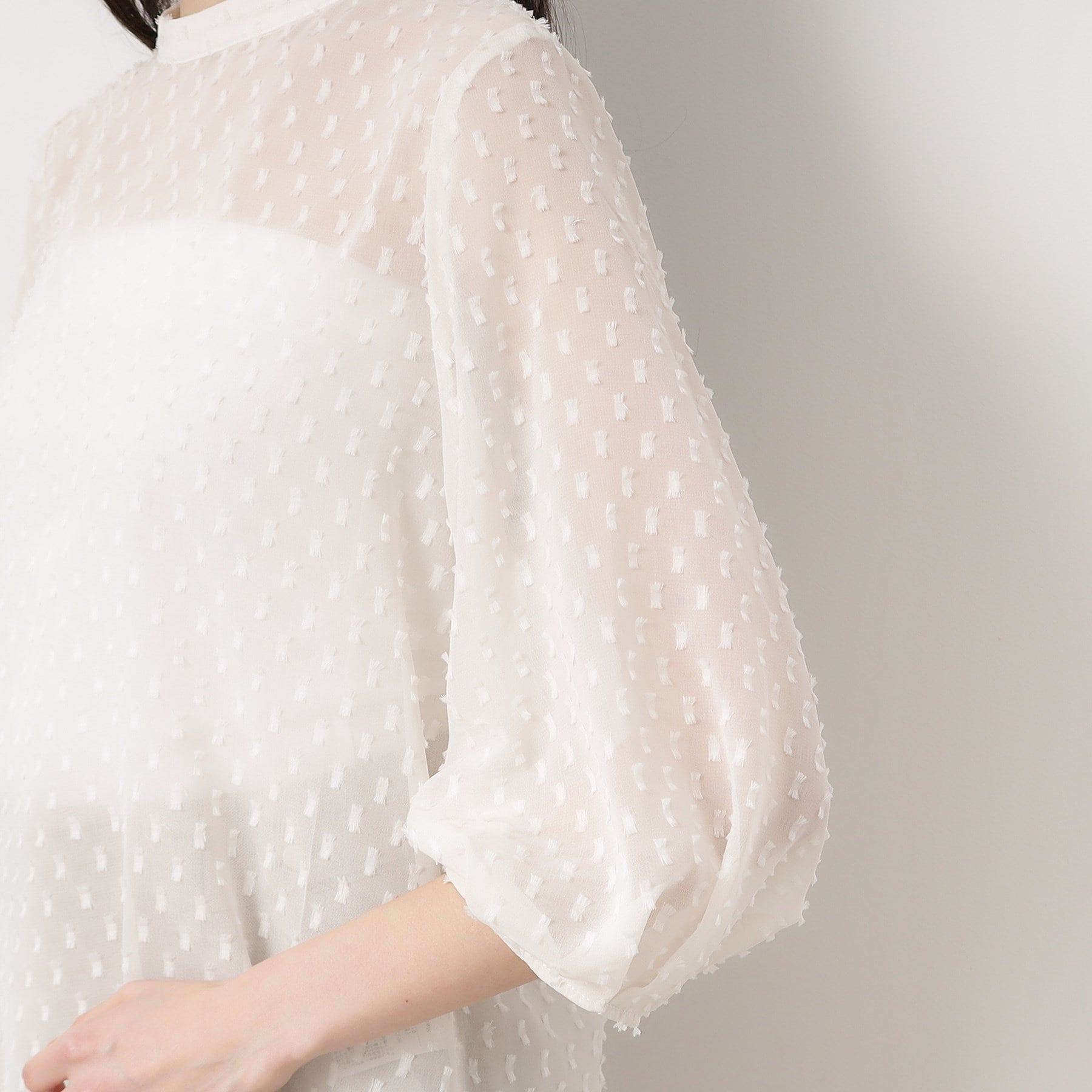Opaque Dot Clip OPAQUE.CLIP Sheer Fringe Dot Tuck Sleeve Blouse [Machine Washable]