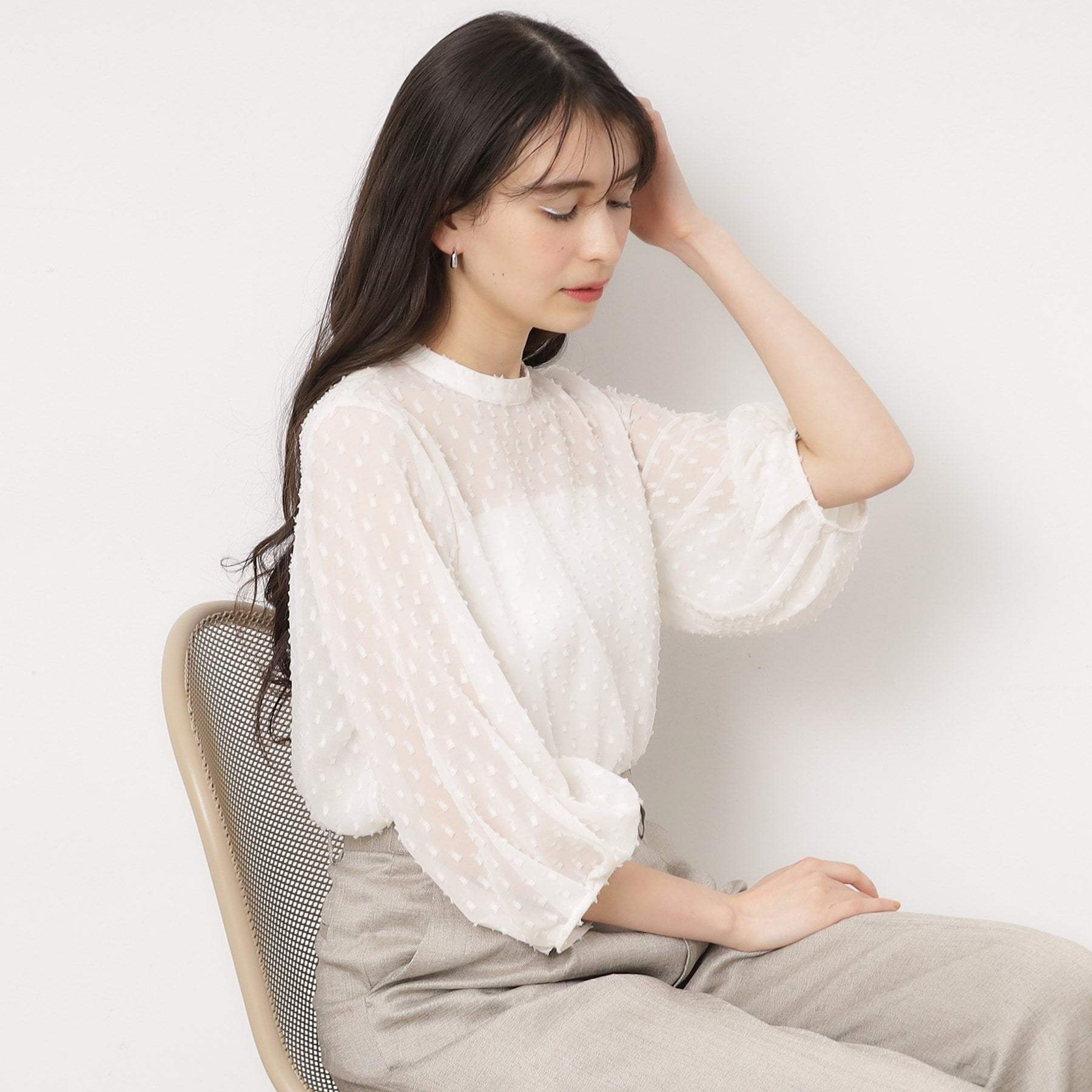 Opaque Dot Clip OPAQUE.CLIP Sheer Fringe Dot Tuck Sleeve Blouse [Machine Washable]