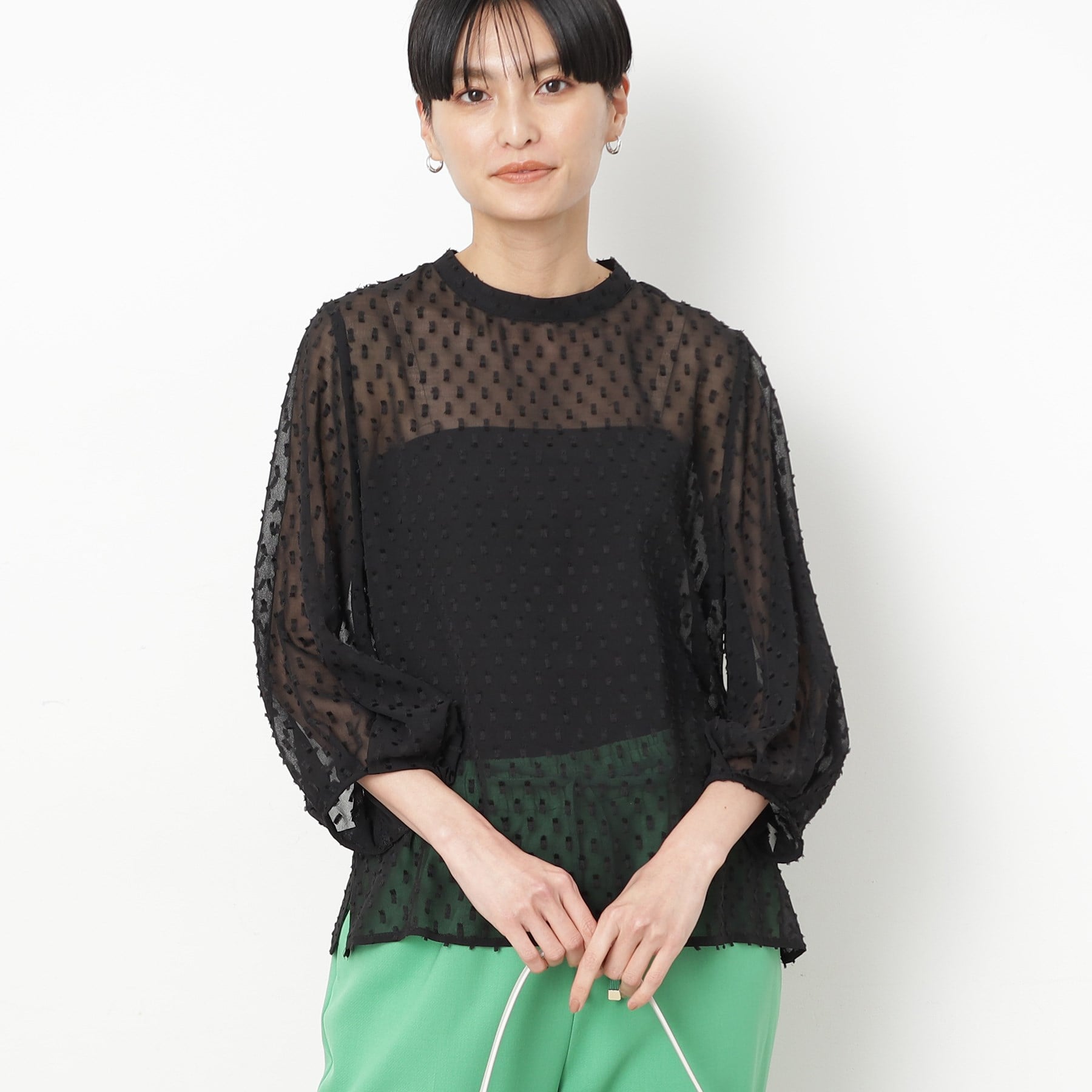 Opaque Dot Clip OPAQUE.CLIP Sheer Fringe Dot Tuck Sleeve Blouse [Machine Washable]