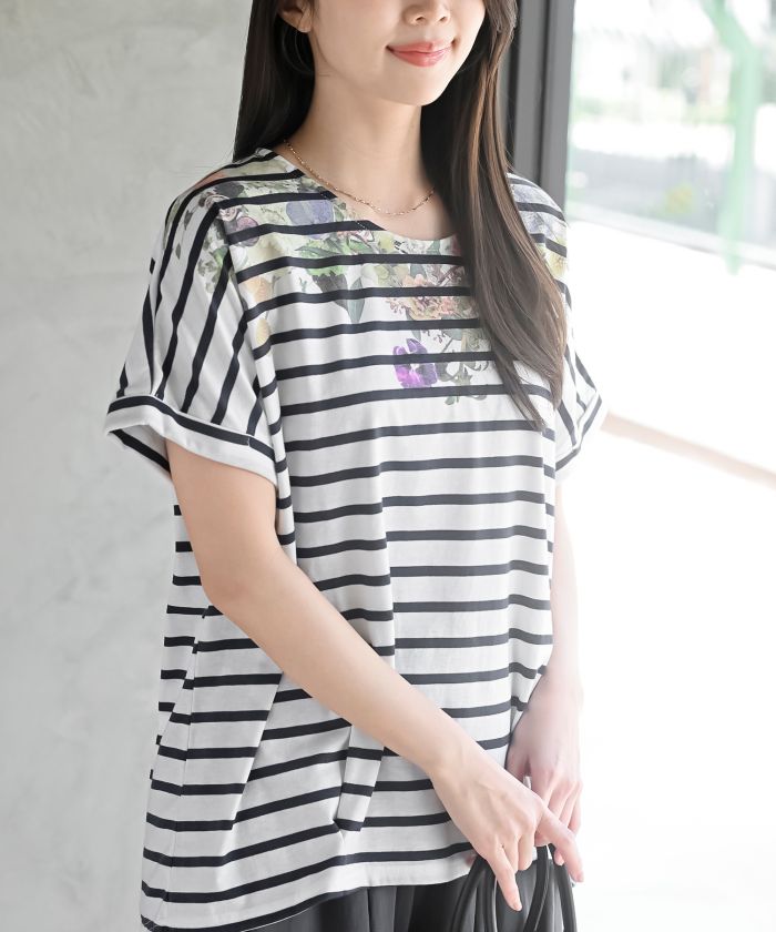 アールピーエス rps アンティークフラワープリントタックTシャツ （ボーダー） ボーダー