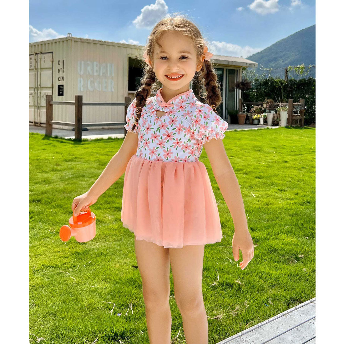 オシャレボ OSYAREVO 【ネット限定】 キッズ フラワー柄 チャイナ チュール ワンピース 水着 【返品不可商品】,ピンク