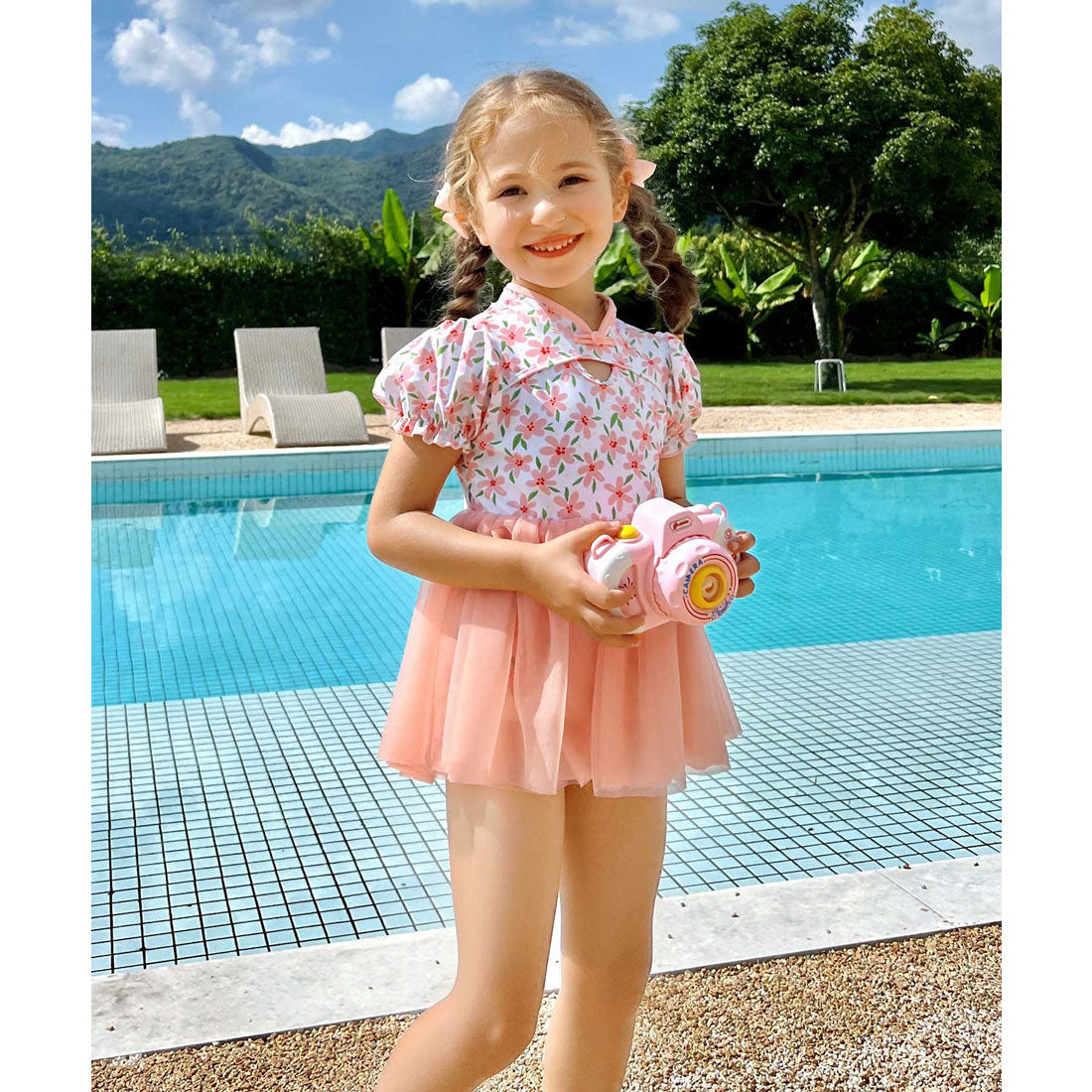 オシャレボ OSYAREVO 【ネット限定】 キッズ フラワー柄 チャイナ チュール ワンピース 水着 【返品不可商品】
