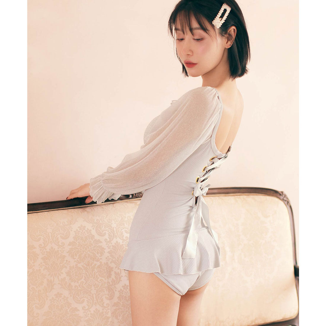 オシャレボ OSYAREVO 【ネット限定】バックレースアップ エアリースリーブワンピース水着【返品不可商品】