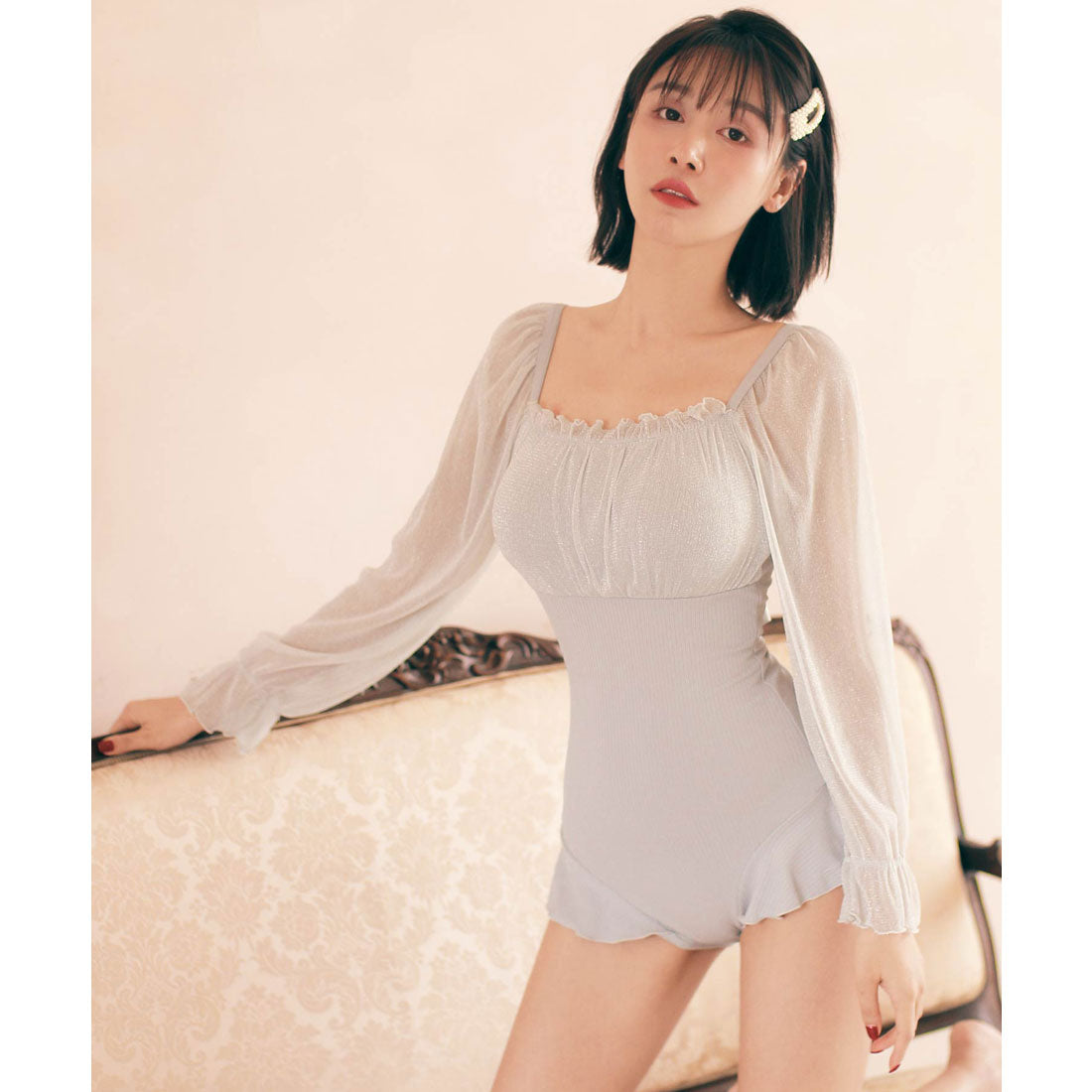 オシャレボ OSYAREVO 【ネット限定】バックレースアップ エアリースリーブワンピース水着【返品不可商品】
