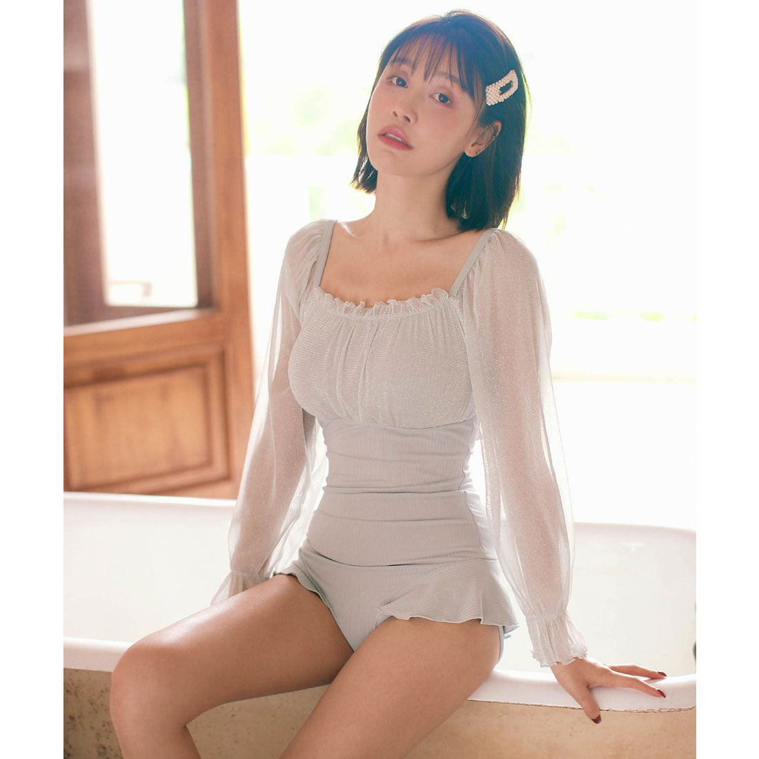 オシャレボ OSYAREVO 【ネット限定】バックレースアップ エアリースリーブワンピース水着【返品不可商品】