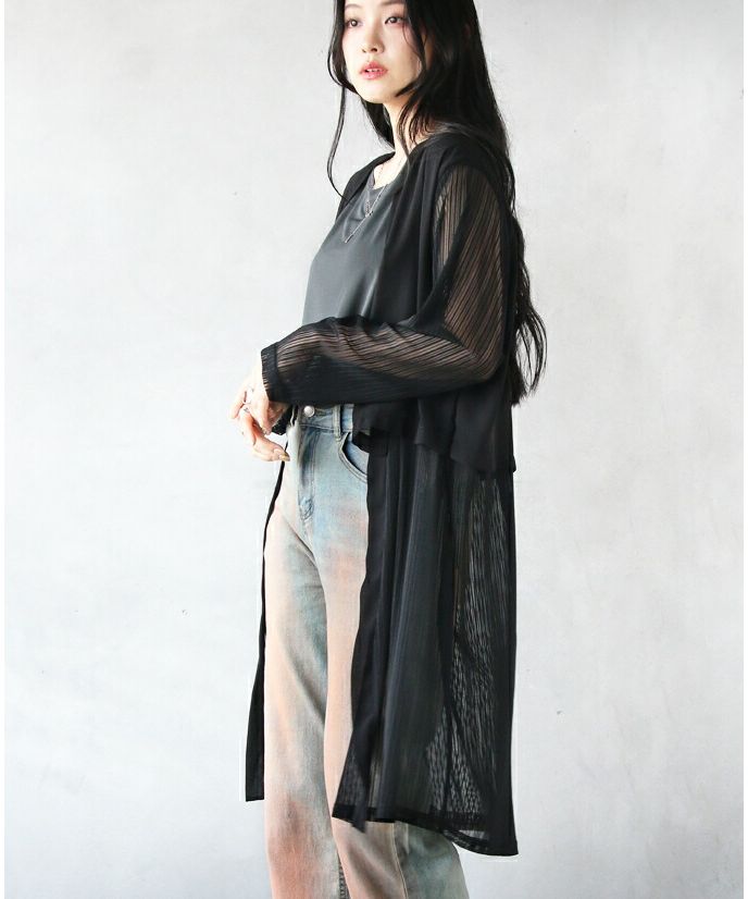 オトナ OTONA レイヤード風 シアーストライプ 細魅せカーデ