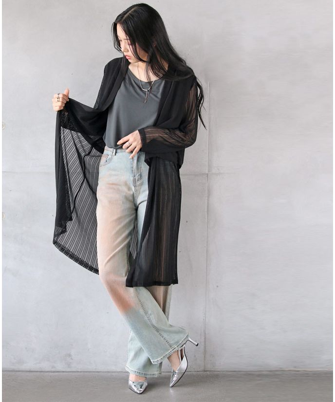 オトナ OTONA レイヤード風 シアーストライプ 細魅せカーデ