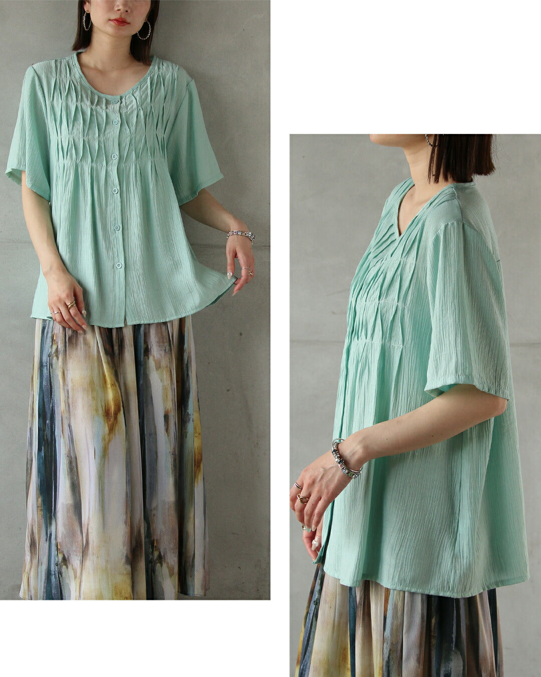 オトナ OTONA タック柄でナチュラルシックな佇まいへ大人ブラウス （ミントブルー） ミントブルー