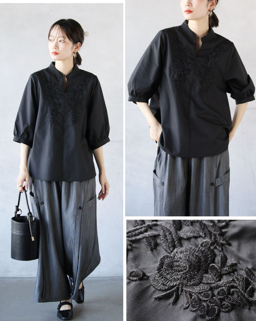 オトナ OTONA 花刺繍で映える、上品トップス （ブラック） ブラック