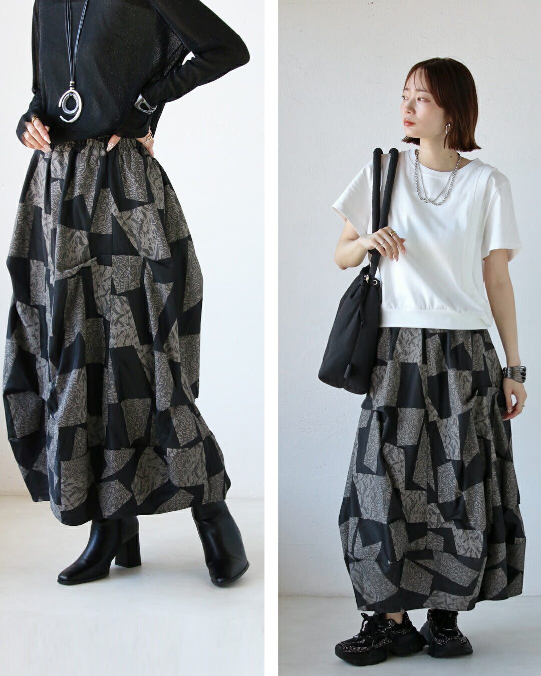 オトナ OTONA 存在感放つモードスカート 個性派ヴィンテージ感と 幾何学パッチワーク （ブラック） ブラック