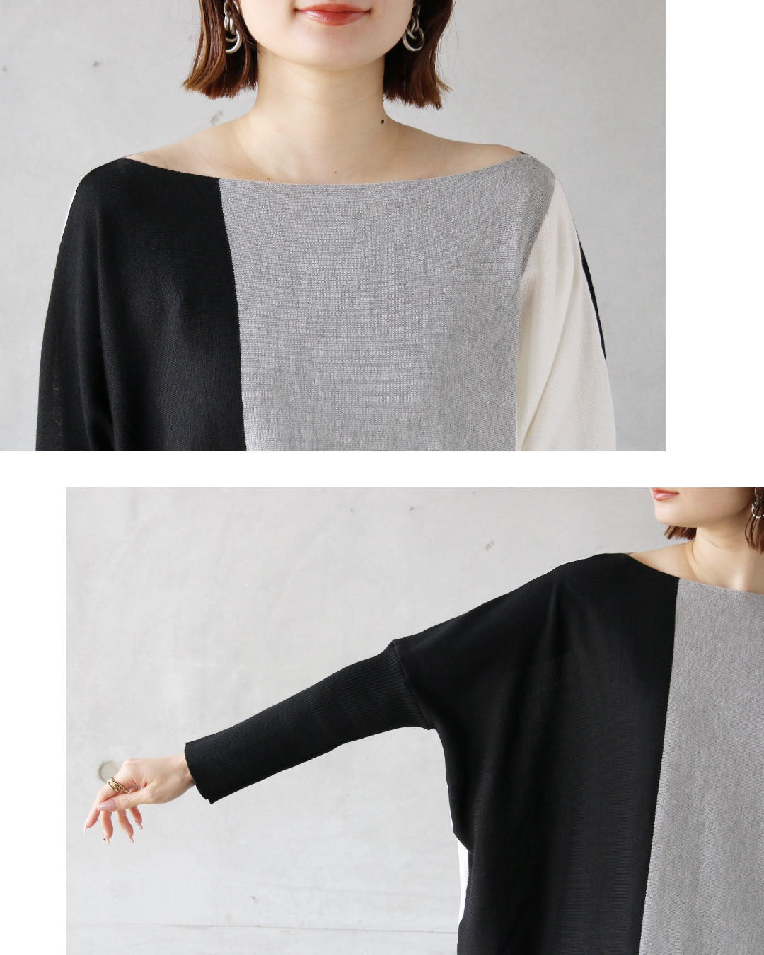 オトナ OTONA 配色ラインで細魅え、大人モードなチュニックニット （グレー） グレー