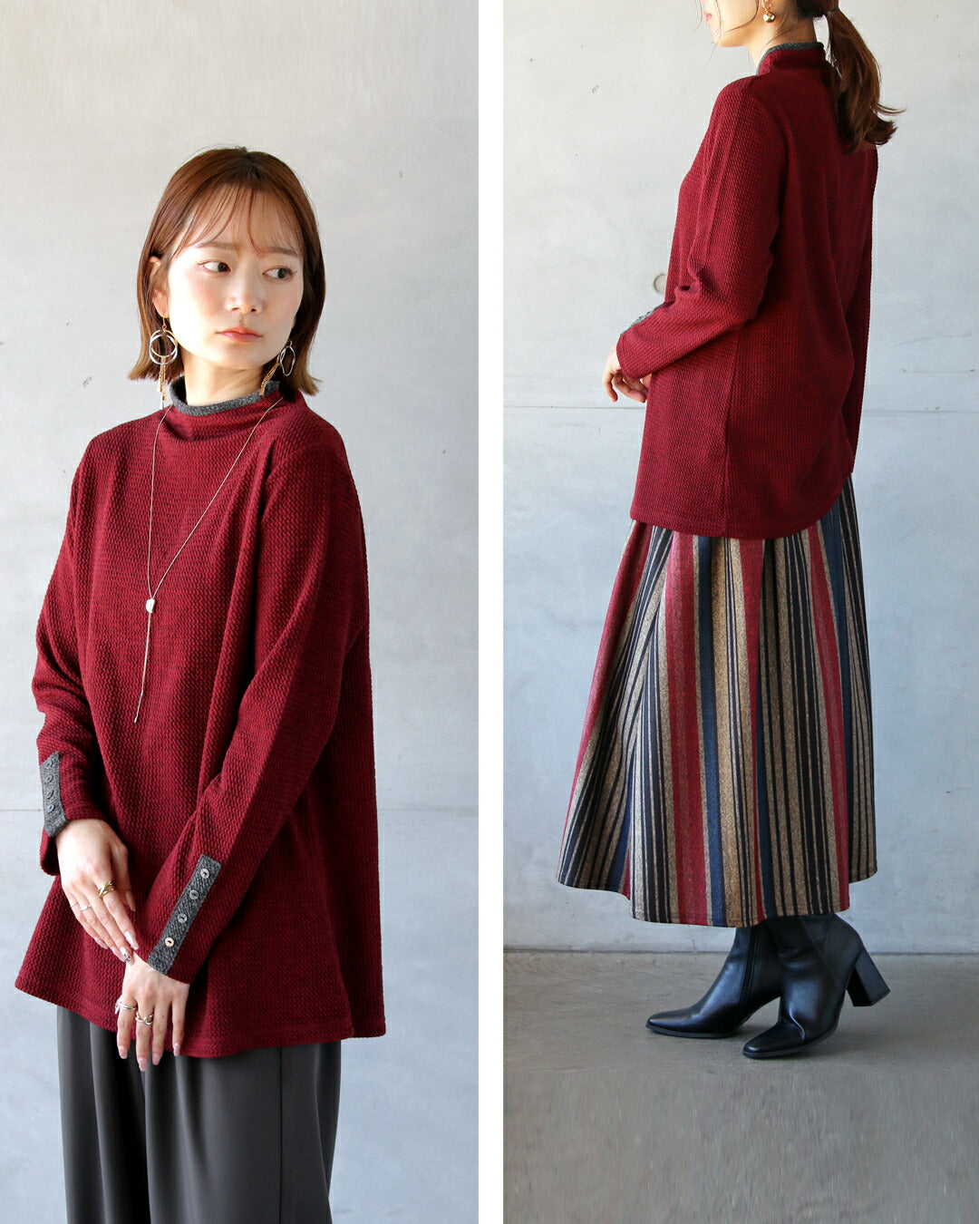 オトナ OTONA バイカラーで大人の抜け感 杢調ニットライクトップス （レッド） レッド