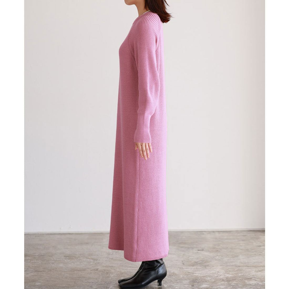 【低身長向け】パフスリーブロングニットワンピース （ブラック） ブラック