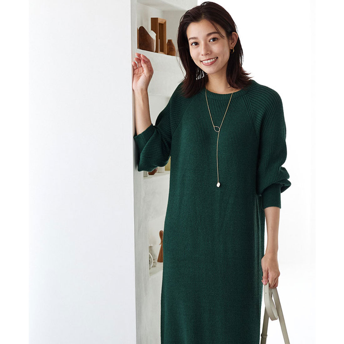 【低身長向け】パフスリーブロングニットワンピース