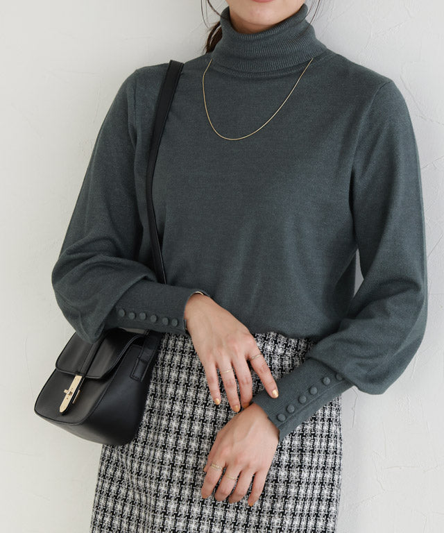 マーベラス バイ ピエロ marvelous by Pierrot ネックが選べるクルミボタンボリューム袖ニット【クルーネック】 （ブラック） ブラック