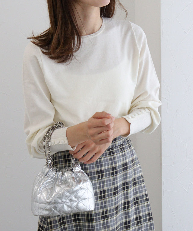 マーベラス バイ ピエロ marvelous by Pierrot ネックが選べるクルミボタンボリューム袖ニット【クルーネック】,オフホワイト