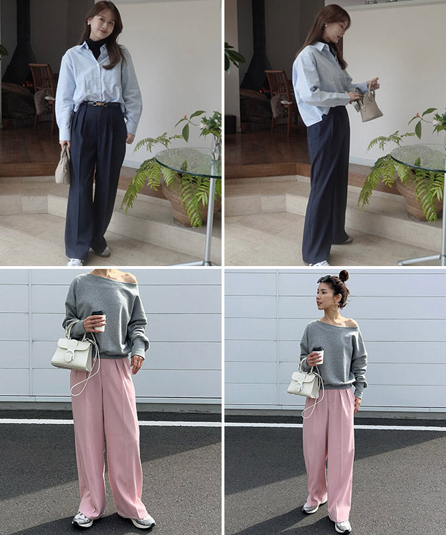 【低身長向け】センタープレスタックワイドパンツ （チャコール） チャコール