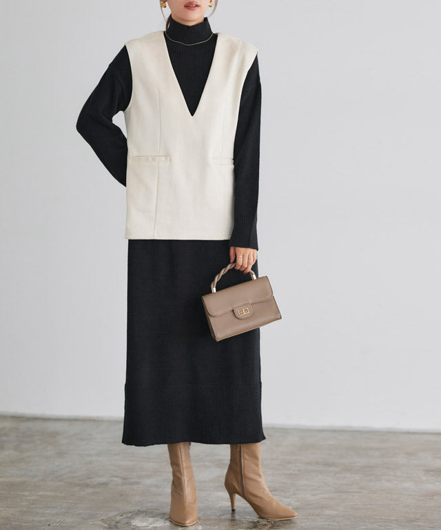 マーベラス バイ ピエロ marvelous by Pierrot スエードタッチベスト×ハイネックニットワンピースセット,ライトベージュ×ブラック