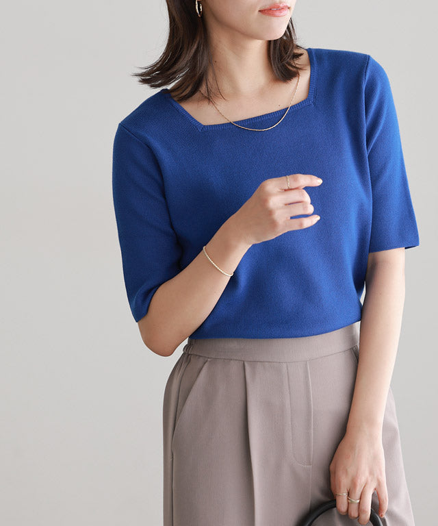 選べるネック多機能ニット5分袖トップス【スクエア】