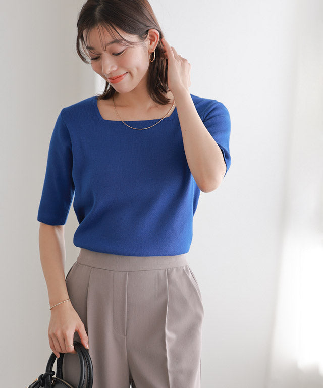 選べるネック多機能ニット5分袖トップス【スクエア】