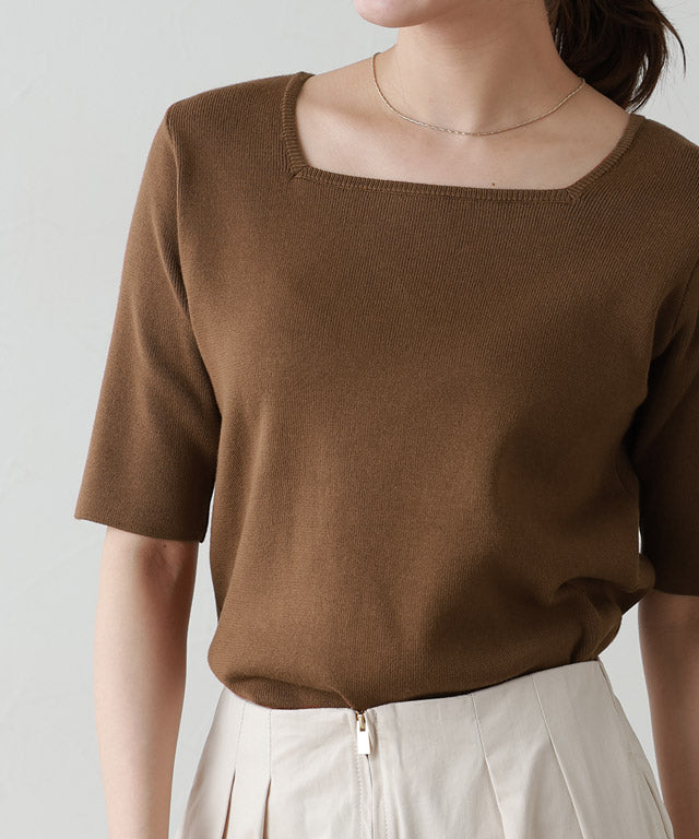 選べるネック多機能ニット5分袖トップス【スクエア】