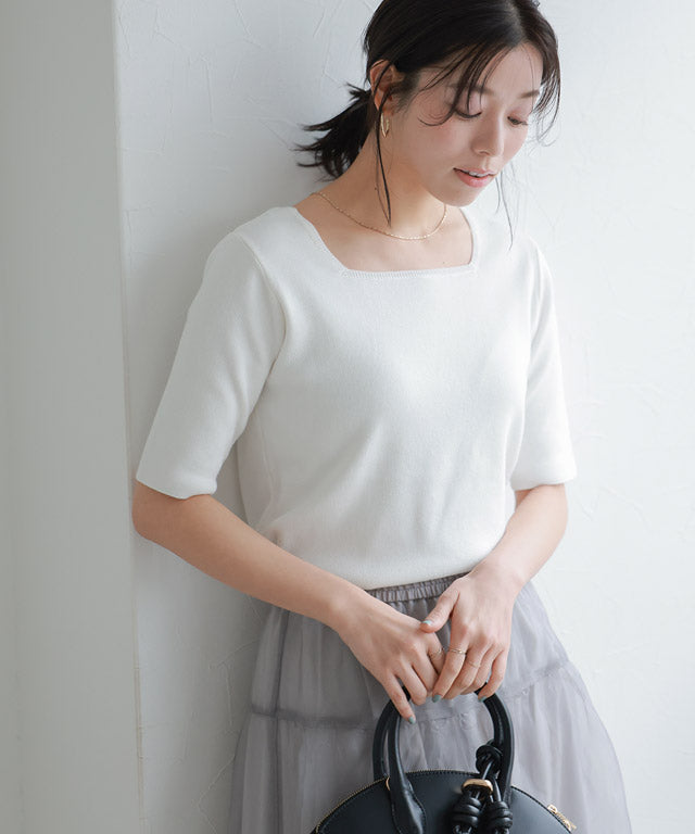 選べるネック多機能ニット5分袖トップス【スクエア】