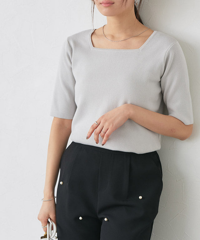 選べるネック多機能ニット5分袖トップス【スクエア】