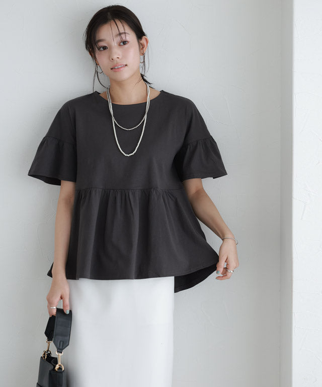 マーベラス バイ ピエロ marvelous by Pierrot 綿100％ ギャザーフリルスリーブTシャツ （クリームイエロー） クリームイエロー