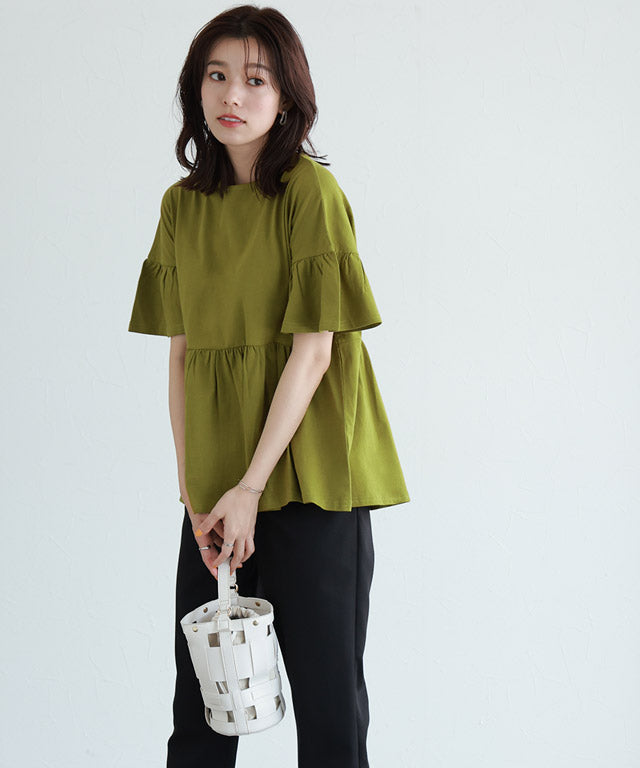 マーベラス バイ ピエロ marvelous by Pierrot 綿100％ ギャザーフリルスリーブTシャツ （クリームイエロー） クリームイエロー