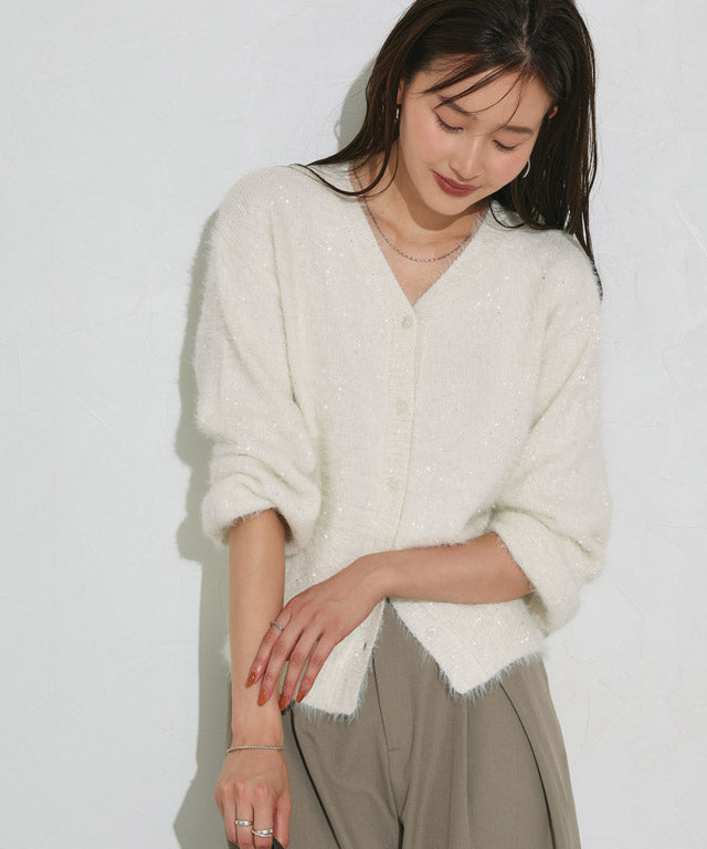 マーベラス バイ ピエロ marvelous by Pierrot スパンコールシャギーニットカーディガン （アイボリー） アイボリー