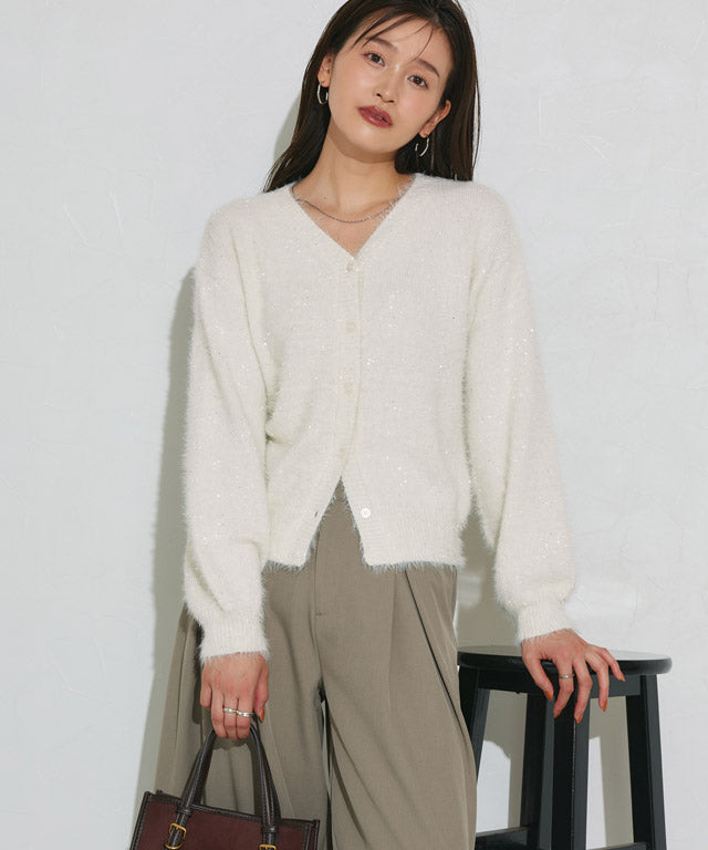 マーベラス バイ ピエロ marvelous by Pierrot スパンコールシャギーニットカーディガン （アイボリー） アイボリー