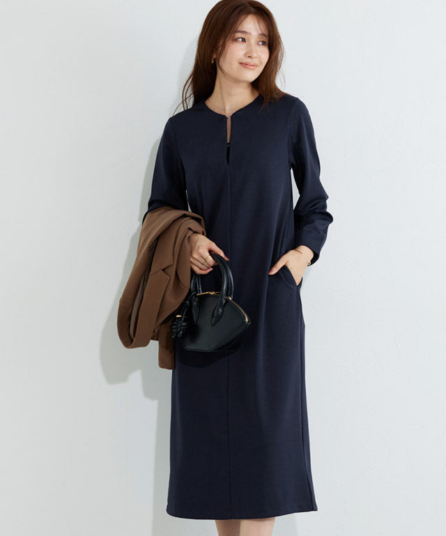 【低身長向け】2wayキーネックポンチワンピース （ネイビー） ネイビー
