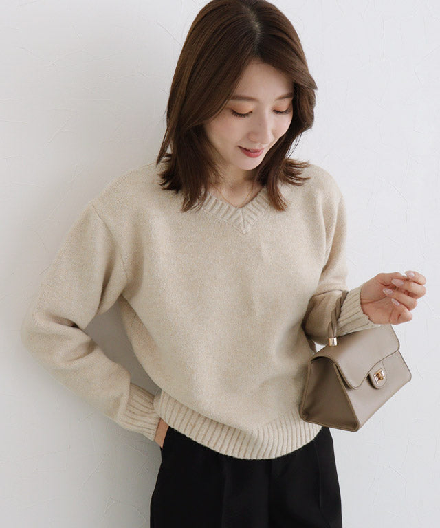 マーベラス バイ ピエロ marvelous by Pierrot ネックが選べる無地ラメクロップド丈ニット【クルーネック】 （ラメ/ベージュ） ラメ/ベージュ