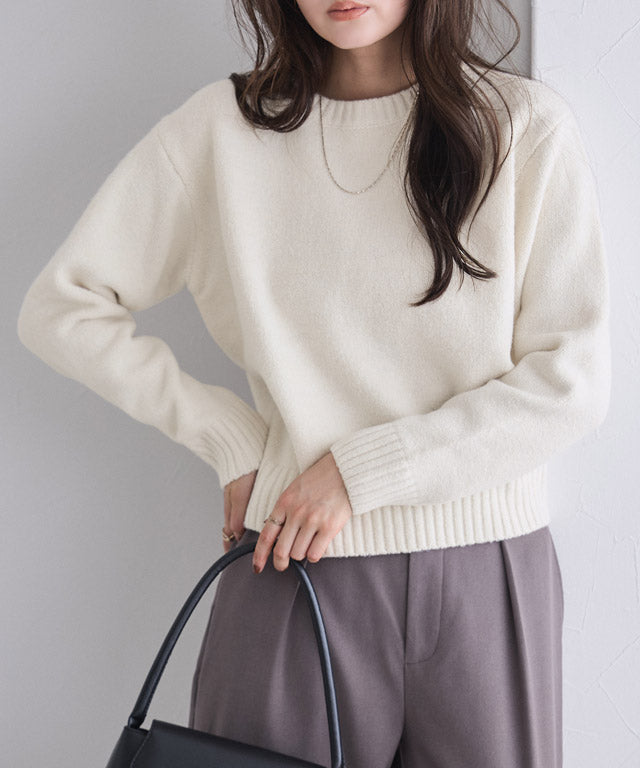 ネックが選べる無地ラメクロップド丈ニット【クルーネック】 （ラメ/オフホワイト） ラメ/オフホワイト