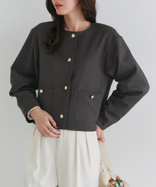 ピエロ Pierrot ゴールドボタンノーカラージャケット （チャコール） チャコール