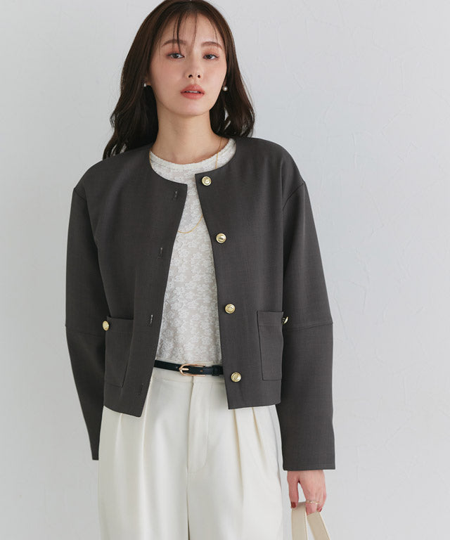 ピエロ Pierrot ゴールドボタンノーカラージャケット （チャコール） チャコール