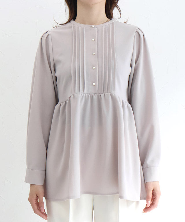 ピエロ Pierrot 【低身長向け】ピンタックパールフレアTブラウス （ライトブルー） ライトブルー