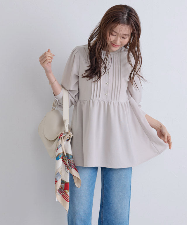 ピエロ Pierrot 【低身長向け】ピンタックパールフレアTブラウス （ライトブルー） ライトブルー