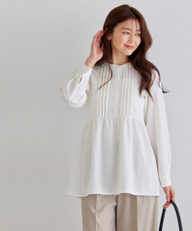 ピエロ Pierrot 【低身長向け】ピンタックパールフレアTブラウス （ライトブルー） ライトブルー