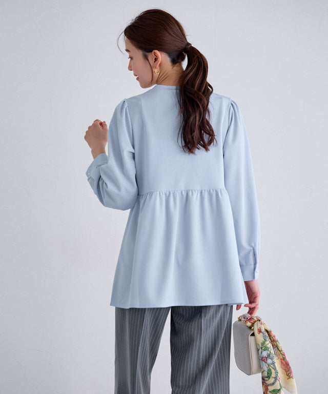 ピエロ Pierrot 【低身長向け】ピンタックパールフレアTブラウス （ライトブルー） ライトブルー