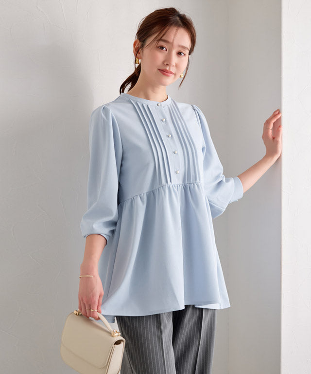 ピエロ Pierrot 【低身長向け】ピンタックパールフレアTブラウス （ライトブルー） ライトブルー