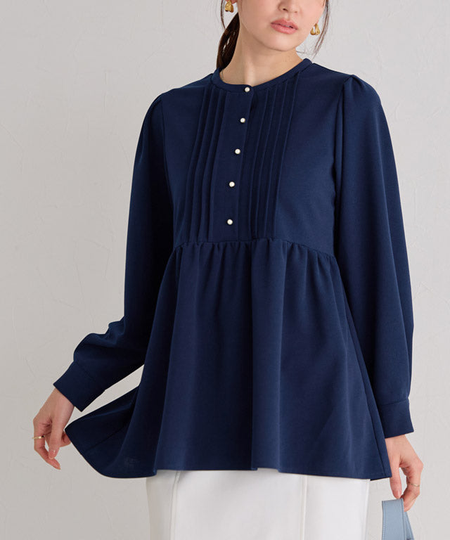 ピエロ Pierrot 【低身長向け】ピンタックパールフレアTブラウス （ネイビー） ネイビー