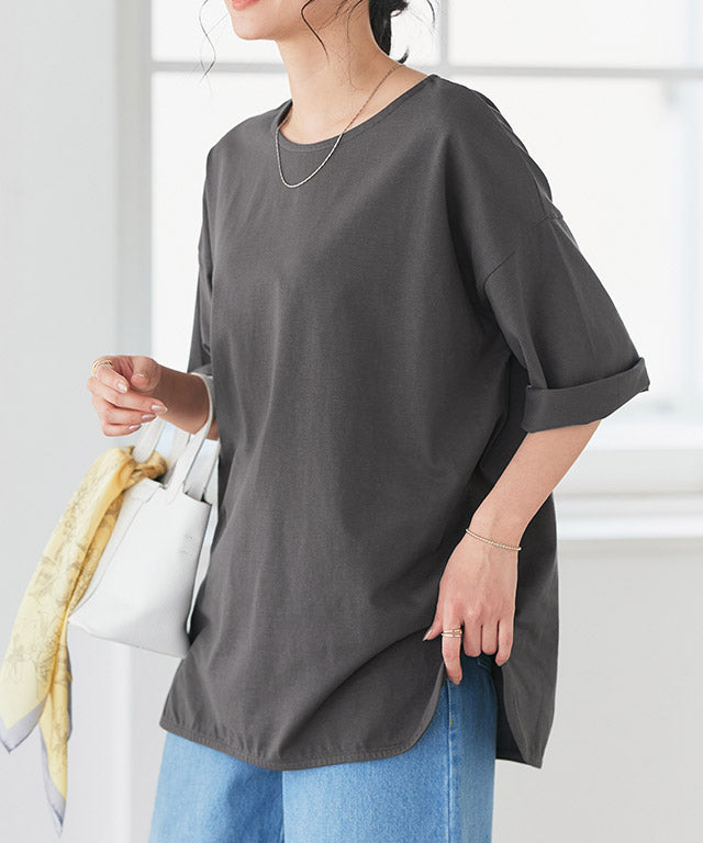 ピエロ Pierrot 綿100%ラウンドヘムチュニックTシャツ （サンドベージュ） サンドベージュ
