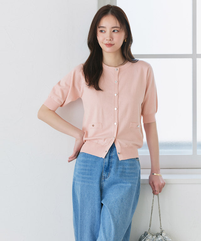 ピエロ Pierrot 【接触冷感/UV/ウォッシャブル】メタルボタンパフスリーブニットカーディガン （ブラック） ブラック