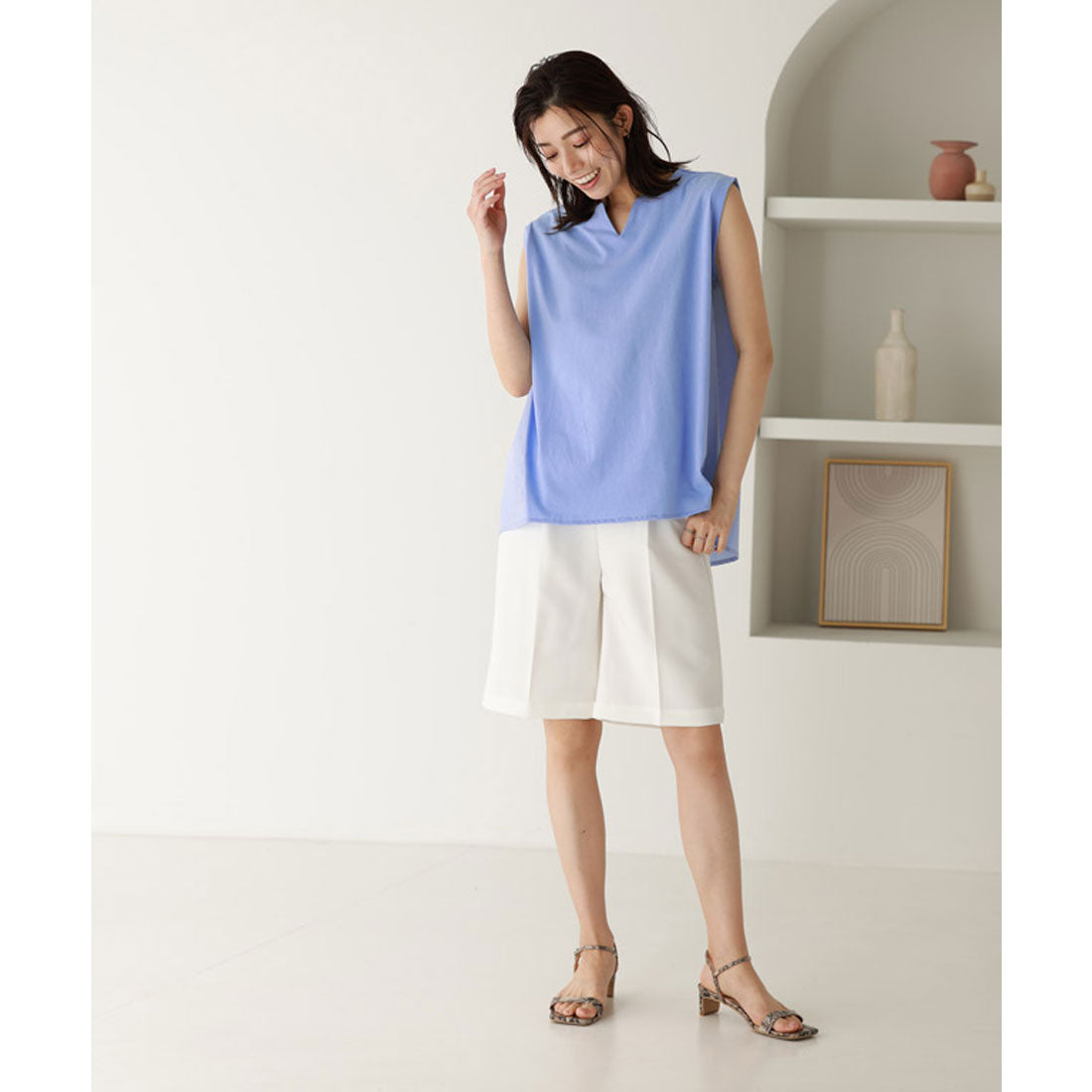 異素材切り替えキーネックカットソー